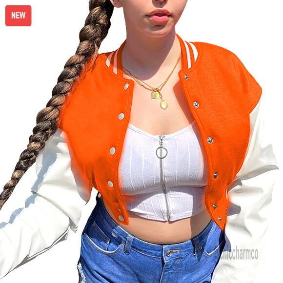 Faux Leather Baseball Bomber Jacket Crop Button Closure Casual - Picture 1 of 6